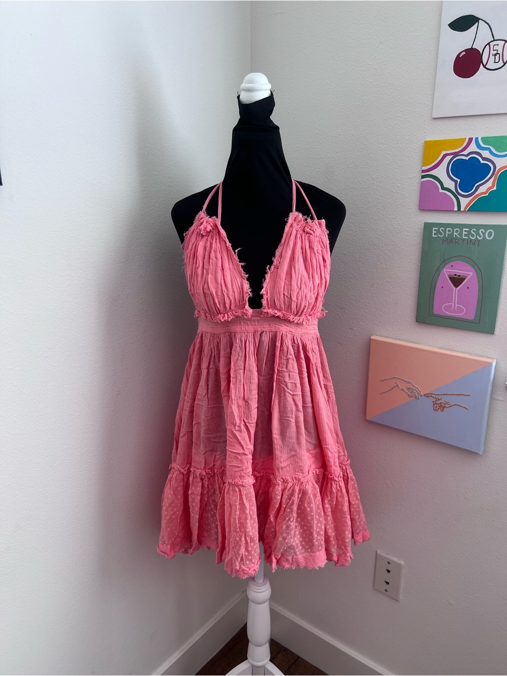 Free People Pink Gauze Halter Mini Dress – Boho Fairy Ruffle Open Back Dress